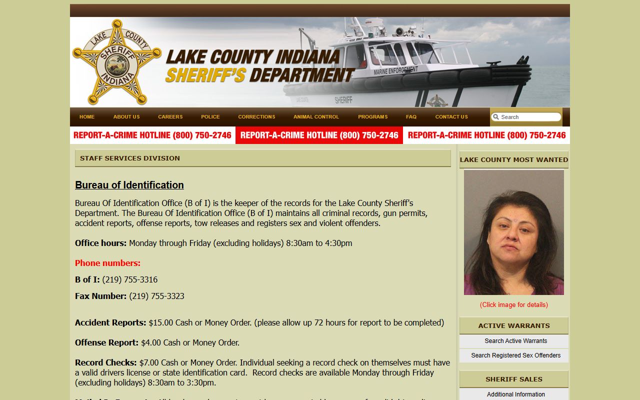 Lake County Bureau of Identification records request information for inmate records