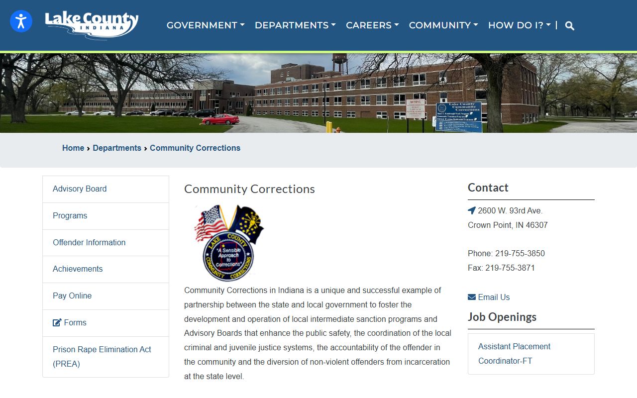 Lake County Community Corrections offender information and custody program page