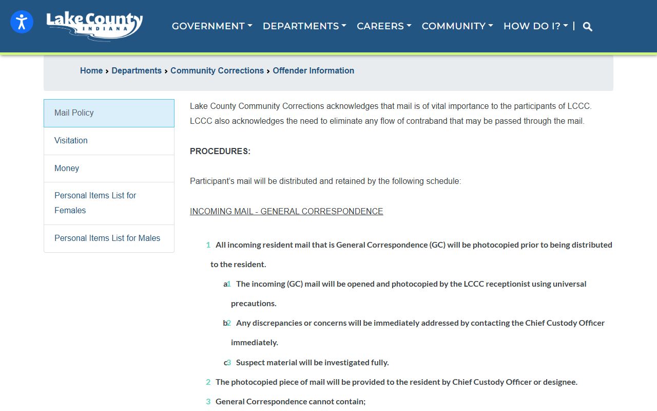 Lake County Community Corrections resident mail policy and custody rules